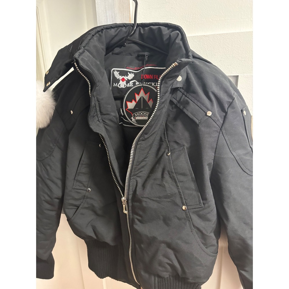 Moose Knuckles Ballistic Bomber Jacket Black Down Fur Hood Mens Medium NEW